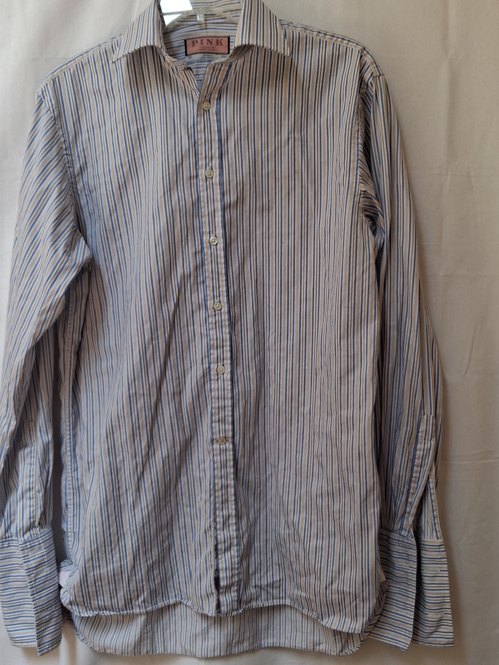 Thomas Pink Jermyn Street Mens 15 35.5 Blue Tan Striped French Cuff Dress Shirt